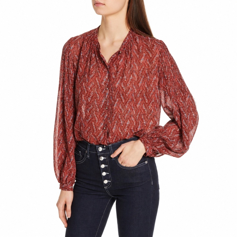 Veronica Beard Red Printed Nicola Silk Blouse Button Up Geometric Size 8